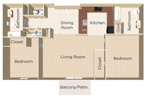 Floor plan for 2 beds, 2 baths, 1380 sqft
